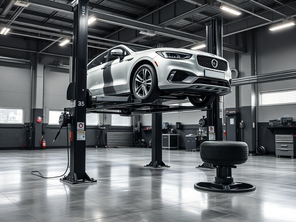 Hebebühne mit Fahrzeug in moderner Kfz-Werkstatt